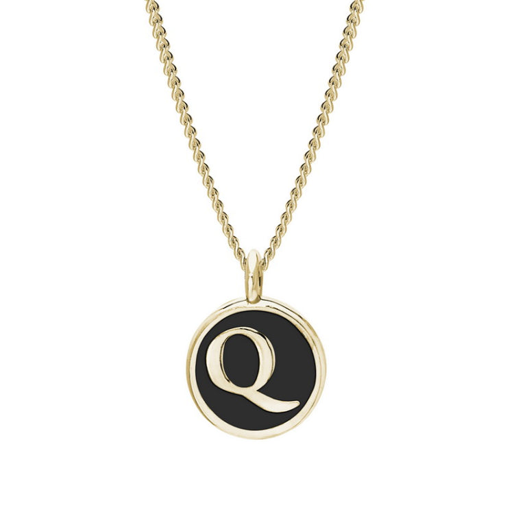Gold Finish Sterling Silver Black Enamel Initial Necklace on 18" Curb Chain - Q