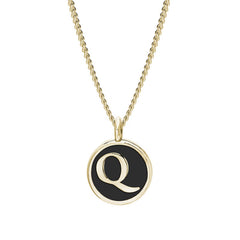 Gold Finish Sterling Silver Black Enamel Initial Necklace on 18" Curb Chain - Q