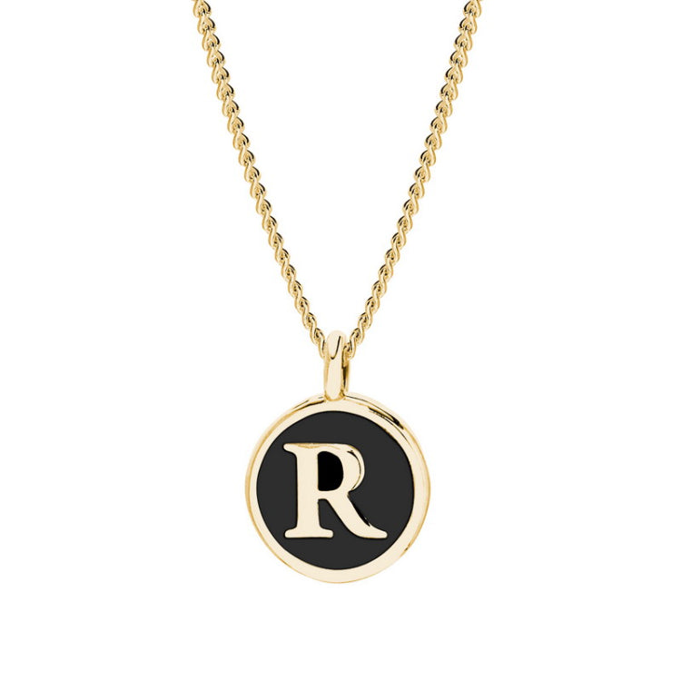 Gold Finish Sterling Silver Black Enamel Initial Necklace on 18" Curb Chain - R