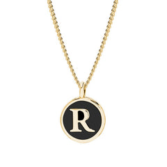 Gold Finish Sterling Silver Black Enamel Initial Necklace on 18" Curb Chain - R