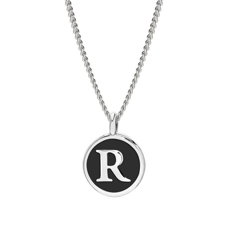 Rhodium Finish Sterling Silver Black Enamel Initial Necklace on 18" Curb Chain - R
