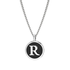 Rhodium Finish Sterling Silver Black Enamel Initial Necklace on 18" Curb Chain - R
