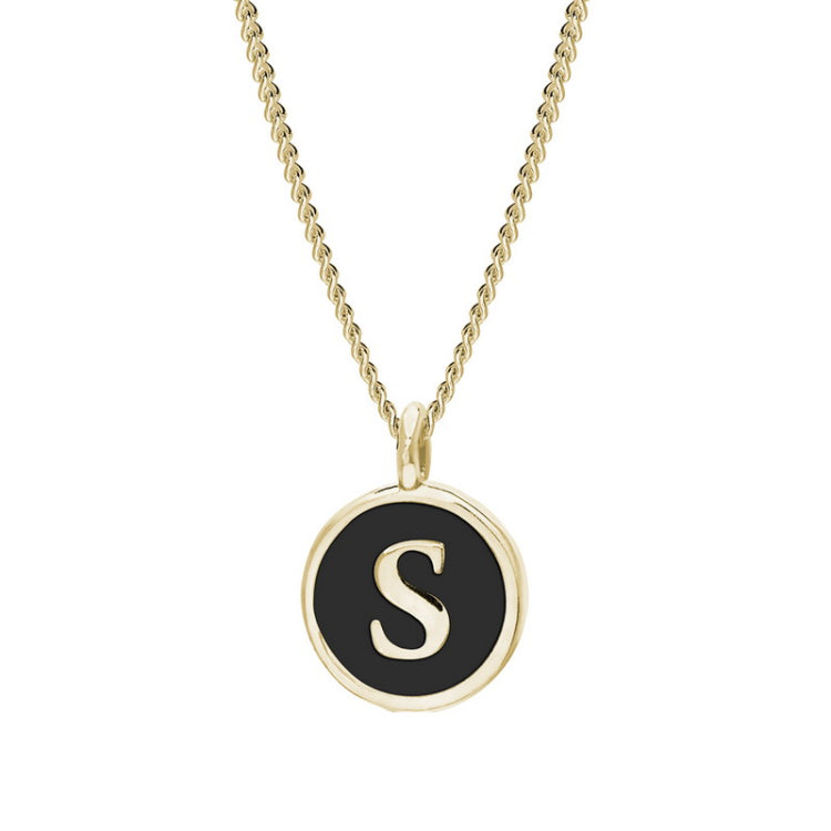 Gold Finish Sterling Silver Black Enamel Initial Necklace on 18" Curb Chain - S