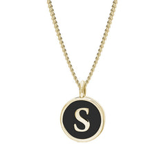 Gold Finish Sterling Silver Black Enamel Initial Necklace on 18" Curb Chain - S