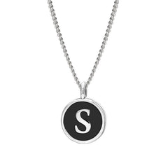 Rhodium Finish Sterling Silver Black Enamel Initial Necklace on 18" Curb Chain - S