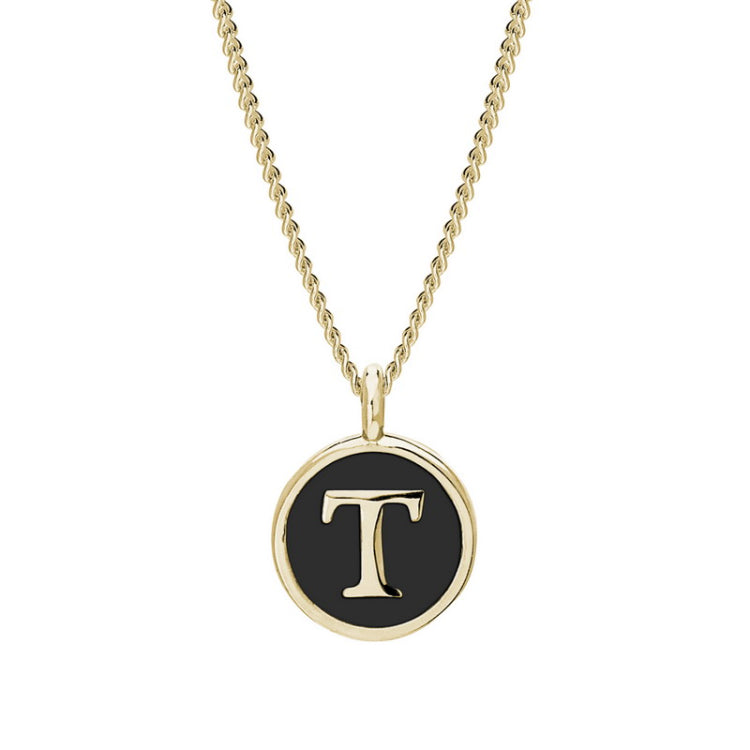 Gold Finish Sterling Silver Black Enamel Initial Necklace on 18" Curb Chain - T