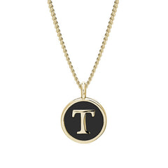 Gold Finish Sterling Silver Black Enamel Initial Necklace on 18" Curb Chain - T