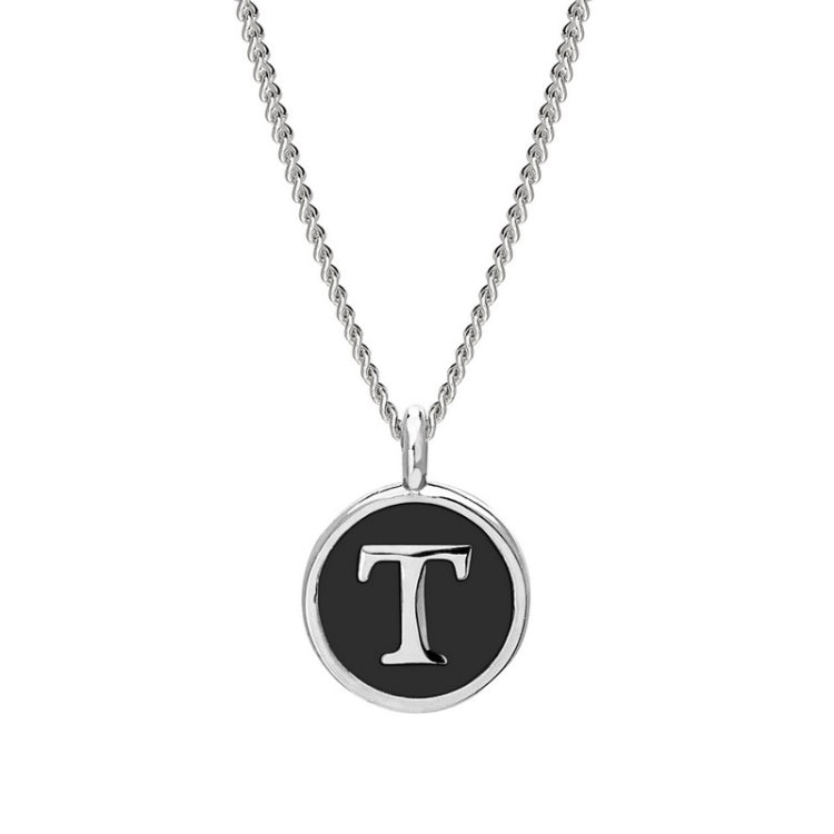 Rhodium Finish Sterling Silver Black Enamel Initial Necklace on 18" Curb Chain - T