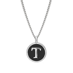 Rhodium Finish Sterling Silver Black Enamel Initial Necklace on 18" Curb Chain - T