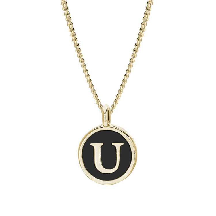 Gold Finish Sterling Silver Black Enamel Initial Necklace on 18" Curb Chain - U