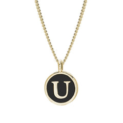 Gold Finish Sterling Silver Black Enamel Initial Necklace on 18" Curb Chain - U