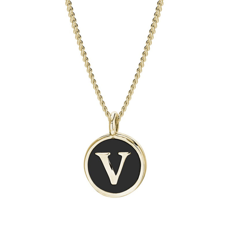 Gold Finish Sterling Silver Black Enamel Initial Necklace on 18" Curb Chain - V