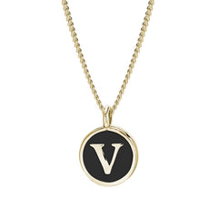 Gold Finish Sterling Silver Black Enamel Initial Necklace on 18" Curb Chain - V