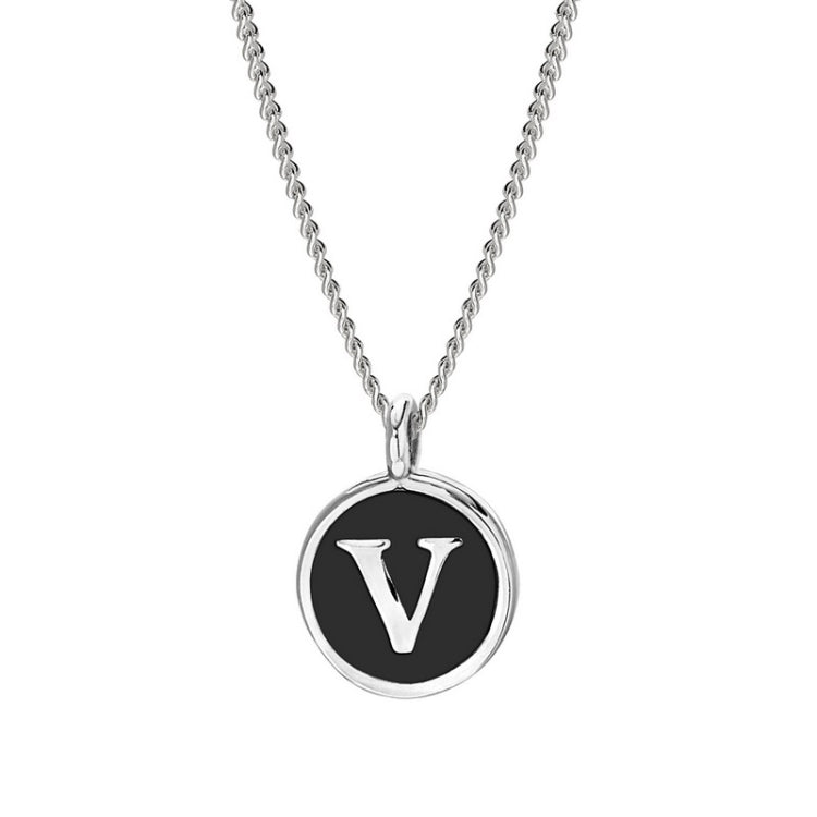 Rhodium Finish Sterling Silver Black Enamel Initial Necklace on 18" Curb Chain - V