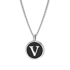 Rhodium Finish Sterling Silver Black Enamel Initial Necklace on 18" Curb Chain - V