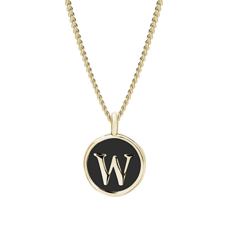 Gold Finish Sterling Silver Black Enamel Initial Necklace on 18" Curb Chain - W