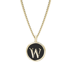 Gold Finish Sterling Silver Black Enamel Initial Necklace on 18" Curb Chain - W