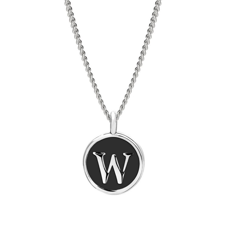 Rhodium Finish Sterling Silver Black Enamel Initial Necklace on 18" Curb Chain - W