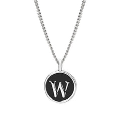 Rhodium Finish Sterling Silver Black Enamel Initial Necklace on 18" Curb Chain - W