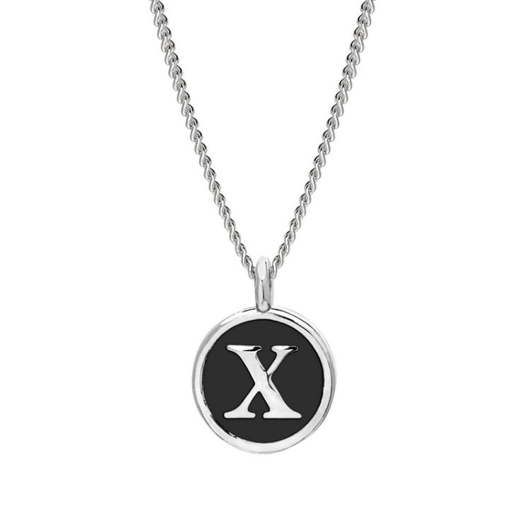 Rhodium Finish Sterling Silver Black Enamel Initial Necklace on 18" Curb Chain - X