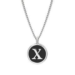 Rhodium Finish Sterling Silver Black Enamel Initial Necklace on 18" Curb Chain - X