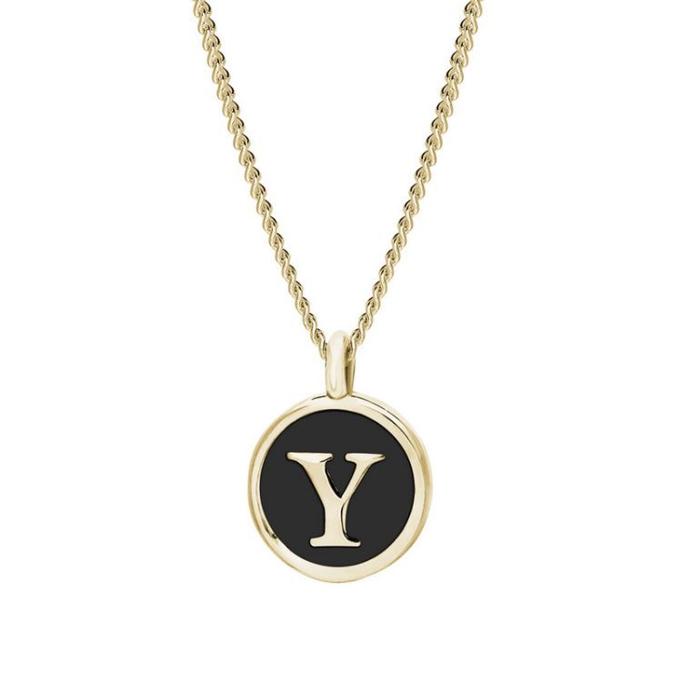 Gold Finish Sterling Silver Black Enamel Initial Necklace on 18" Curb Chain - Y