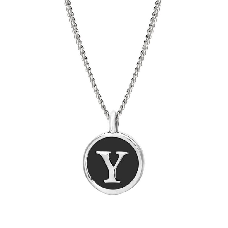 Rhodium Finish Sterling Silver Black Enamel Initial Necklace on 18" Curb Chain - Y