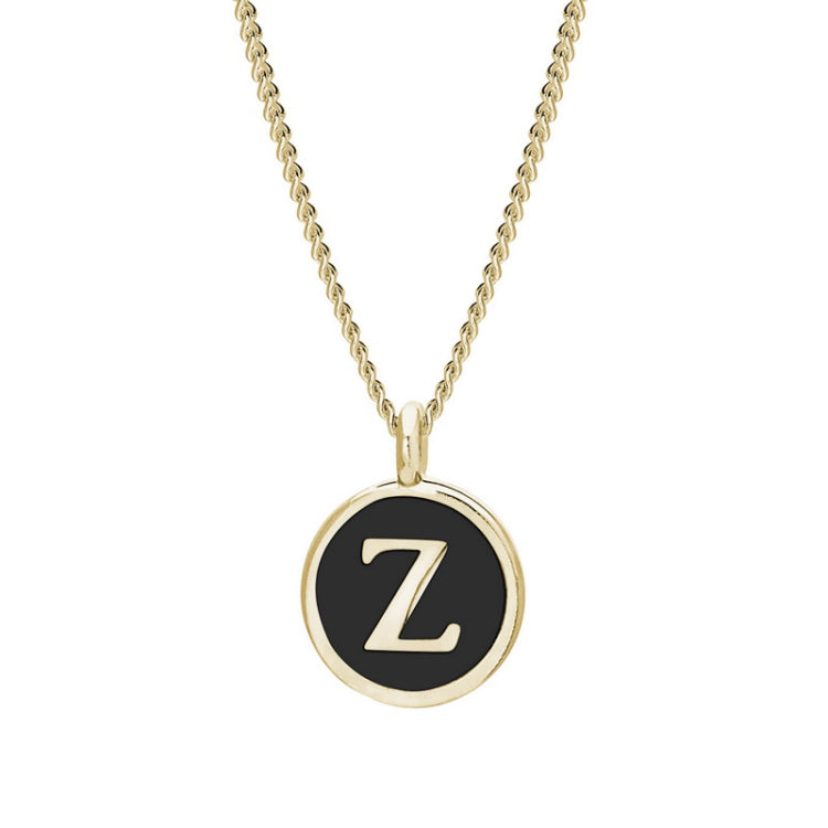 Gold Finish Sterling Silver Black Enamel Initial Necklace on 18" Curb Chain - Z