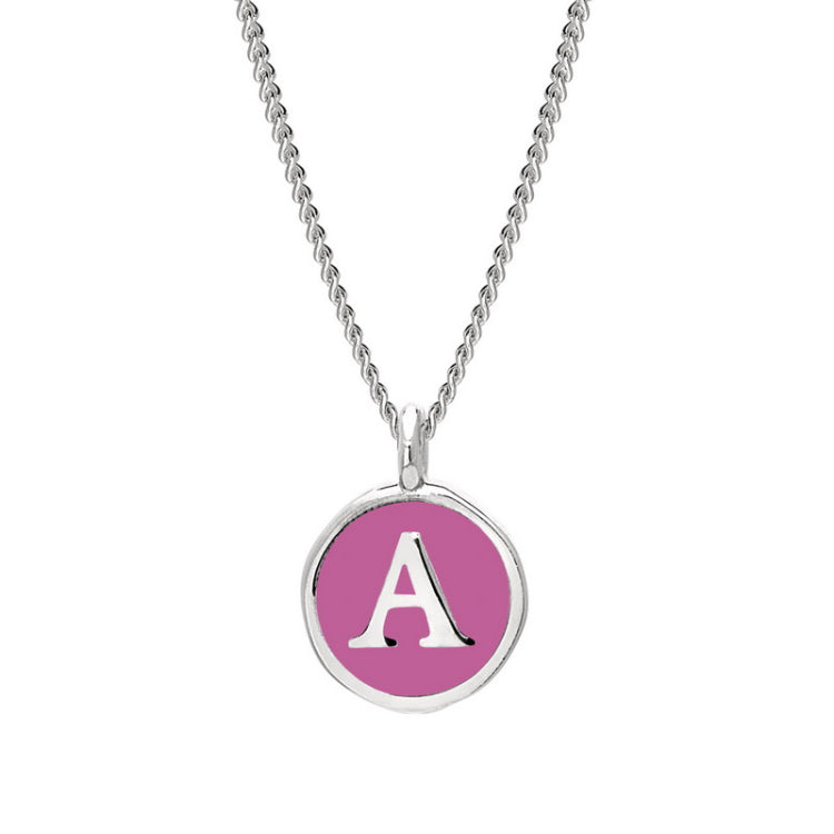 Rhodium Finish Sterling Silver Pink Enamel Initial Necklace on 18" Curb Chain - A