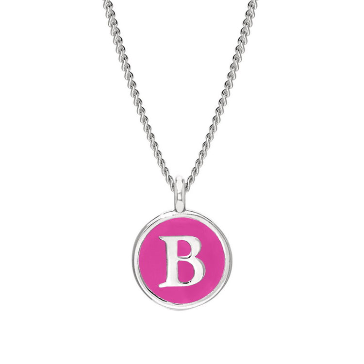 Rhodium Finish Sterling Silver Pink Enamel Initial Necklace on 18" Curb Chain - B