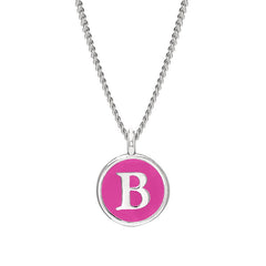 Rhodium Finish Sterling Silver Pink Enamel Initial Necklace on 18" Curb Chain - B