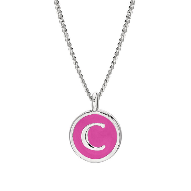Rhodium Finish Sterling Silver Pink Enamel Initial Necklace on 18" Curb Chain - C
