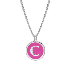 Rhodium Finish Sterling Silver Pink Enamel Initial Necklace on 18" Curb Chain - C