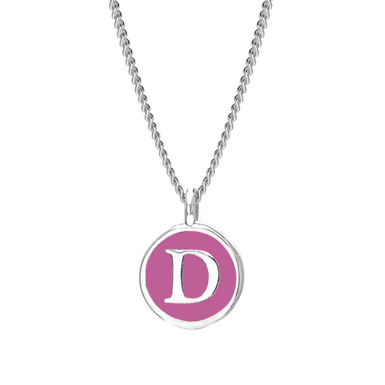 Rhodium Finish Sterling Silver Pink Enamel Initial Necklace on 18" Curb Chain - D