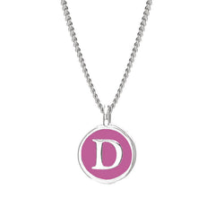 Rhodium Finish Sterling Silver Pink Enamel Initial Necklace on 18" Curb Chain - D