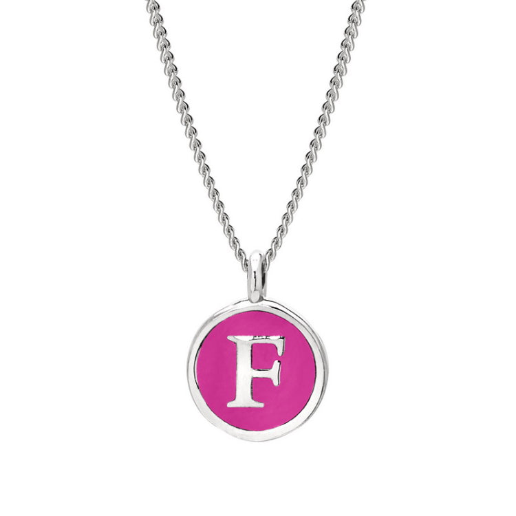 Rhodium Finish Sterling Silver Pink Enamel Initial Necklace on 18" Curb Chain - F