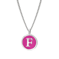 Rhodium Finish Sterling Silver Pink Enamel Initial Necklace on 18" Curb Chain - F