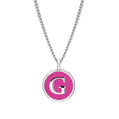 Rhodium Finish Sterling Silver Pink Enamel Initial Necklace on 18" Curb Chain - G