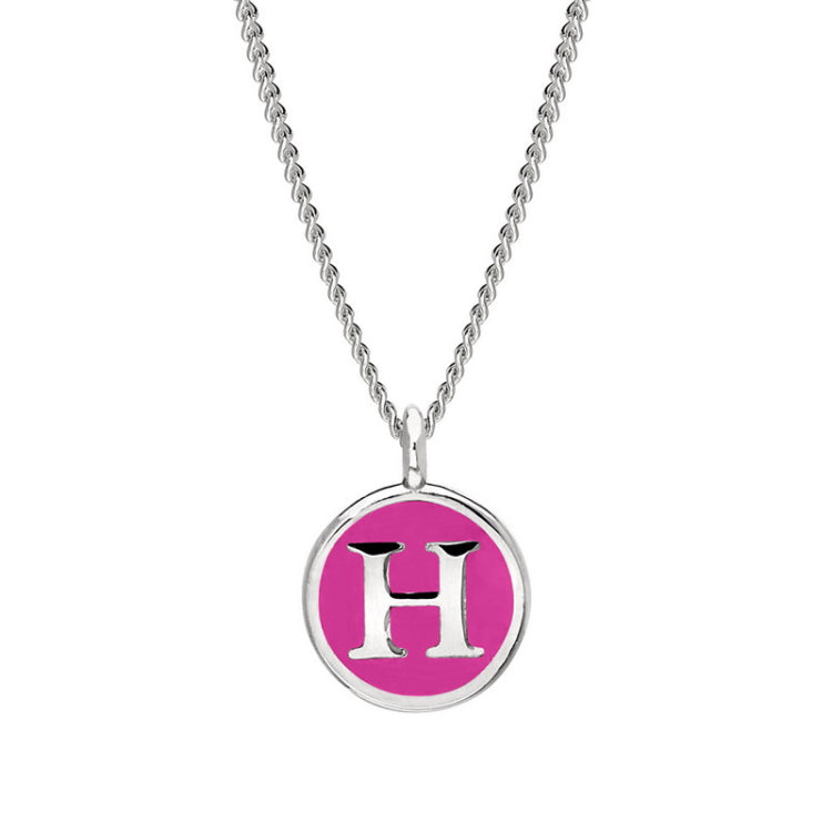 Rhodium Finish Sterling Silver Pink Enamel Initial Necklace on 18" Curb Chain - H