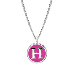 Rhodium Finish Sterling Silver Pink Enamel Initial Necklace on 18" Curb Chain - H