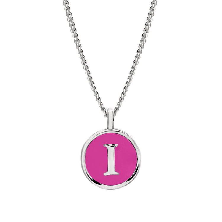 Rhodium Finish Sterling Silver Pink Enamel Initial Necklace on 18" Curb Chain - I