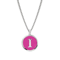 Rhodium Finish Sterling Silver Pink Enamel Initial Necklace on 18" Curb Chain - I