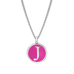 Rhodium Finish Sterling Silver Pink Enamel Initial Necklace on 18" Curb Chain - J