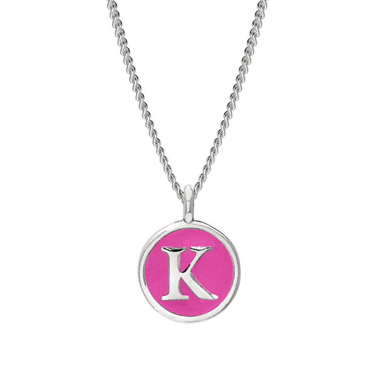 Rhodium Finish Sterling Silver Pink Enamel Initial Necklace on 18" Curb Chain - K