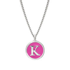 Rhodium Finish Sterling Silver Pink Enamel Initial Necklace on 18" Curb Chain - K