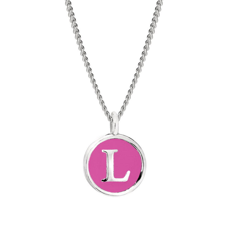 Rhodium Finish Sterling Silver Pink Enamel Initial Necklace on 18" Curb Chain - L