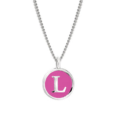 Rhodium Finish Sterling Silver Pink Enamel Initial Necklace on 18" Curb Chain - L