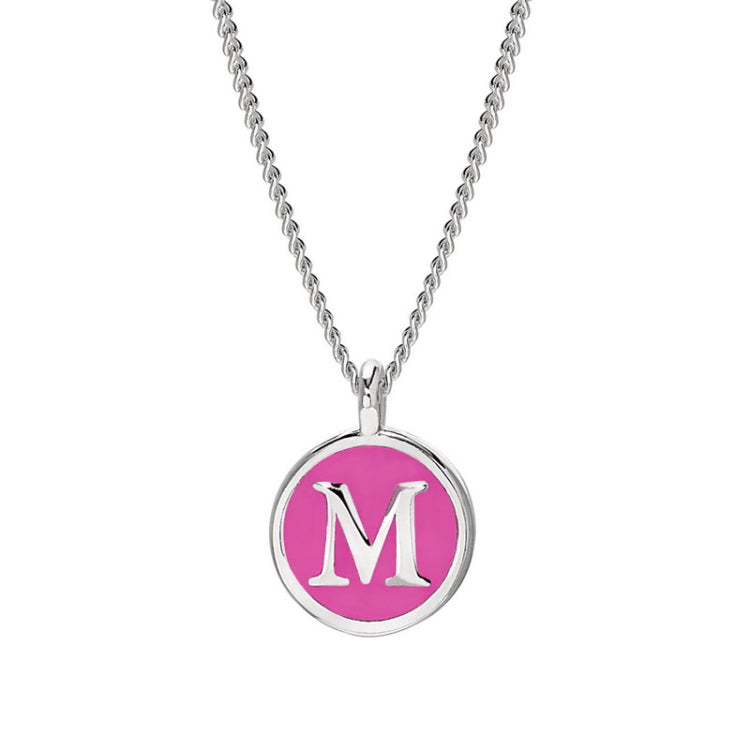 Rhodium Finish Sterling Silver Pink Enamel Initial Necklace on 18" Curb Chain - M