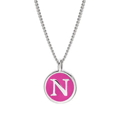 Rhodium Finish Sterling Silver Pink Enamel Initial Necklace on 18" Curb Chain - N