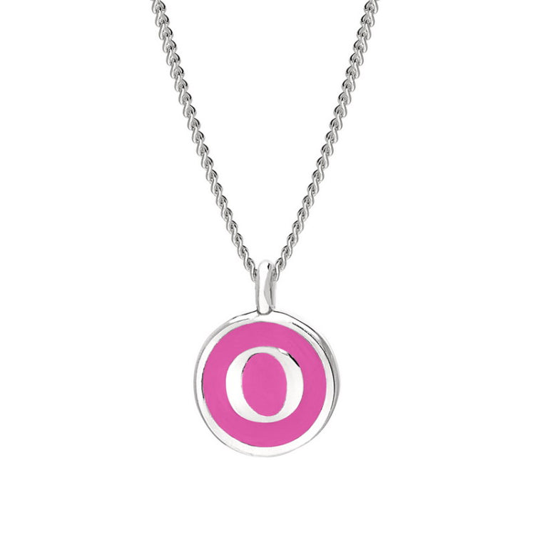 Rhodium Finish Sterling Silver Pink Enamel Initial Necklace on 18" Curb Chain - O